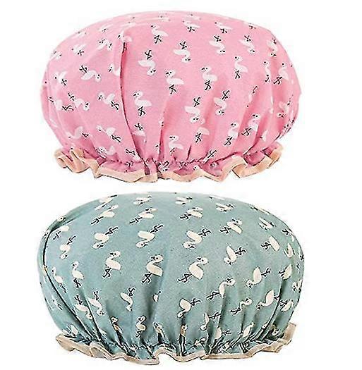 Shower Caps 2 Pack Waterproof Double Layers Caps Elastic,flamingo