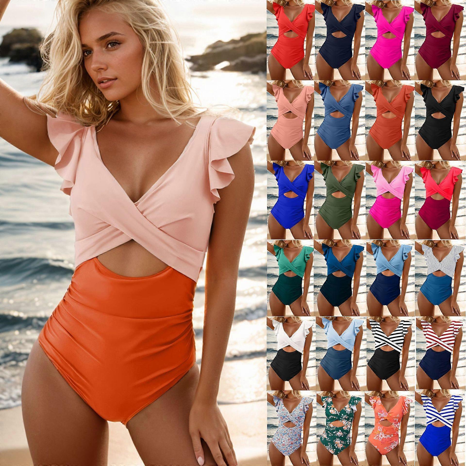 Maillot de bain une pièce à volants pour femmes Maillot de bain de contrôle du ventre Maillot de bain ajusté Col en V Bloc de couleur 2024 Nouveau