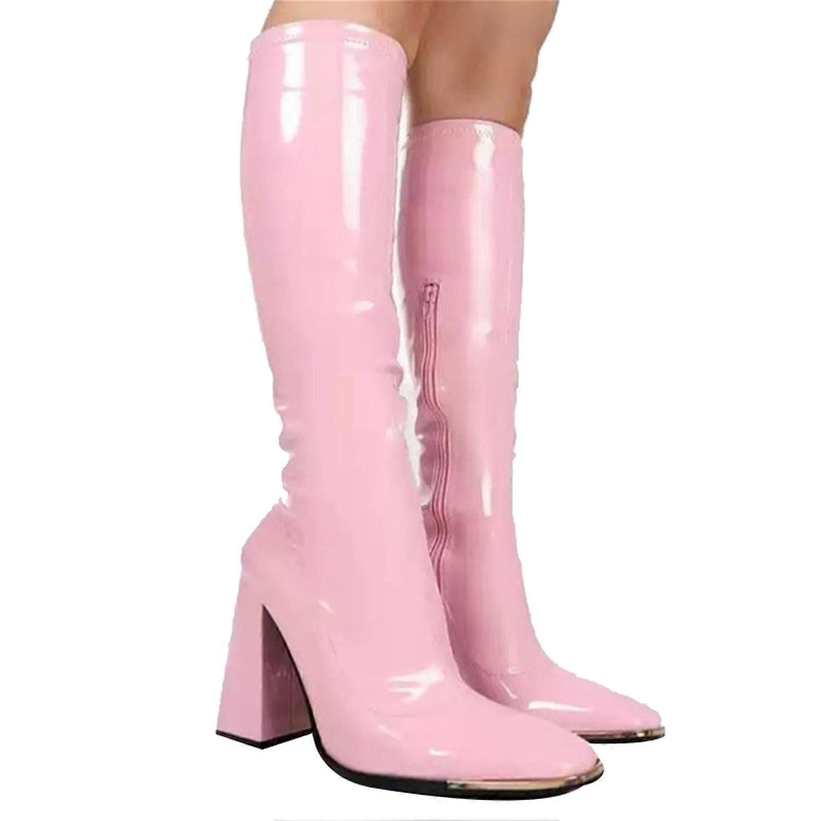 Women Boots Square Heel Patent Leather Pointed Toe Knee High Boots Winter Boot Side Zipper Long