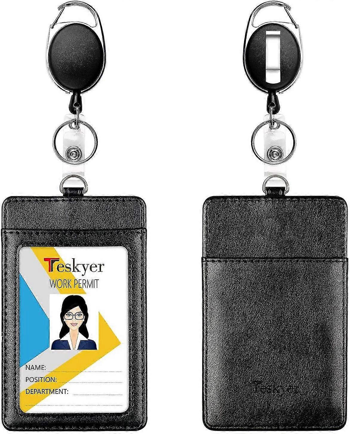 2 Pack Heavy Duty Retractable Badge Holders With Carabiner Reel Clips, Vertical Durable Leather Id Card Holders