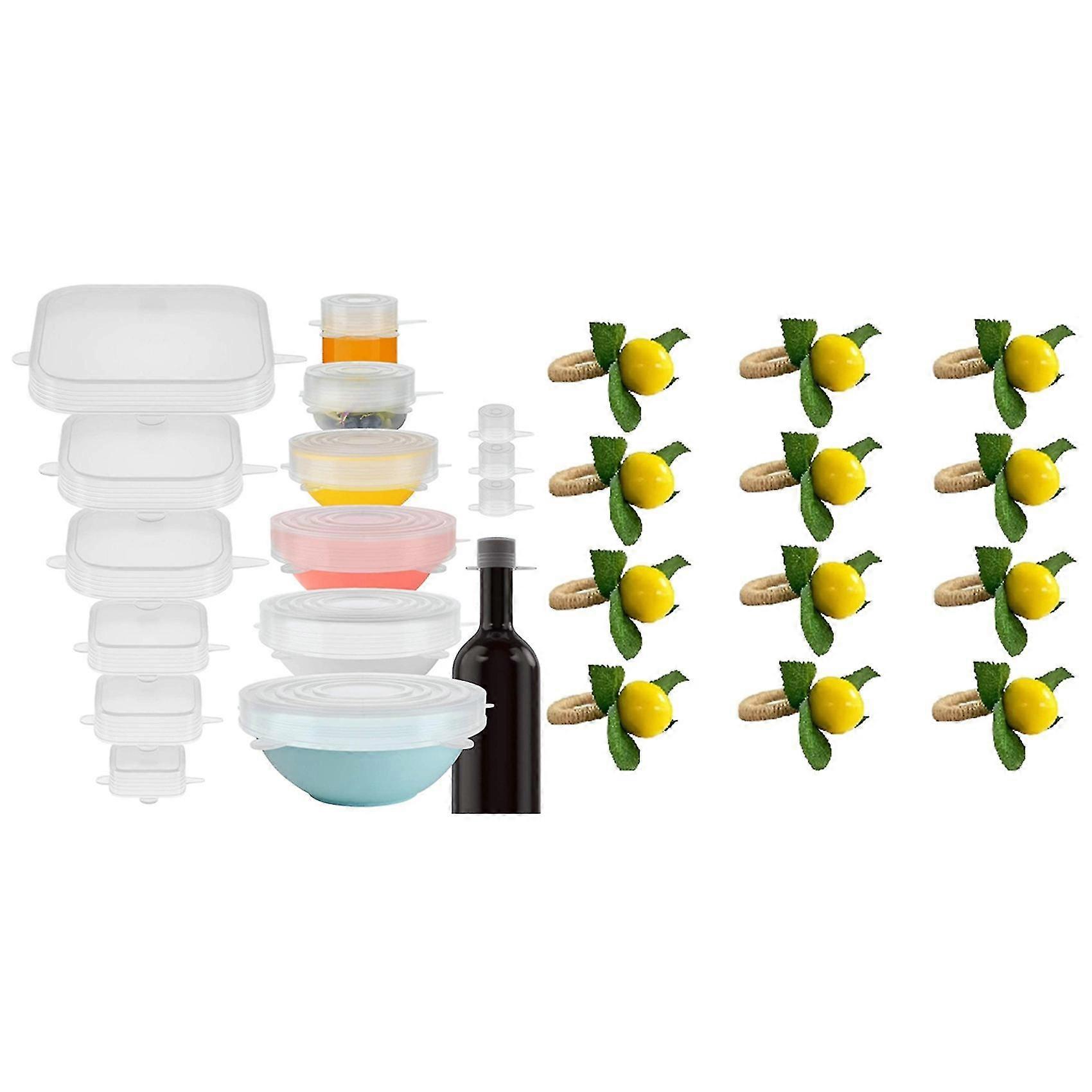 1set Silicone Stretch Lids 16 Airtight Magic Stretchy Lids & 12pcs Simulation Lemon Plant Napkin Ri