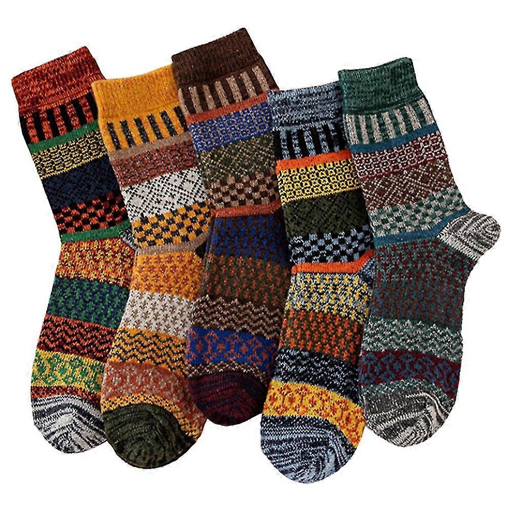 Mens Thick Wool Socks - Thermal Warm Winter Crew Socks - Vintage Patterned - 5 Pairs Multicolors