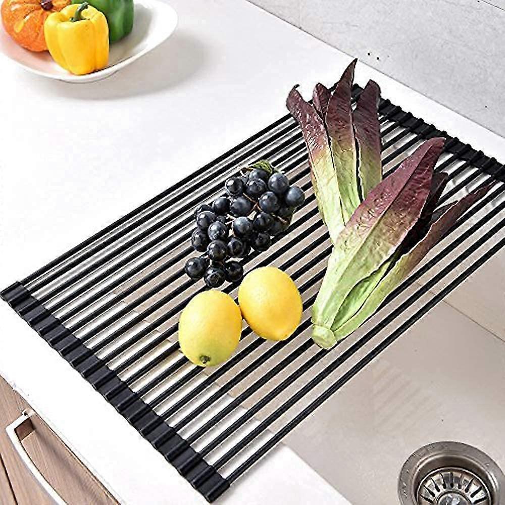 Large Roll up Dish Drying Rack Foldable Dish Rack Over Sink Dish Drainer Roll-up Sink Drying Rack Full Silicone Coated Stainless Still Dish Drying Rac