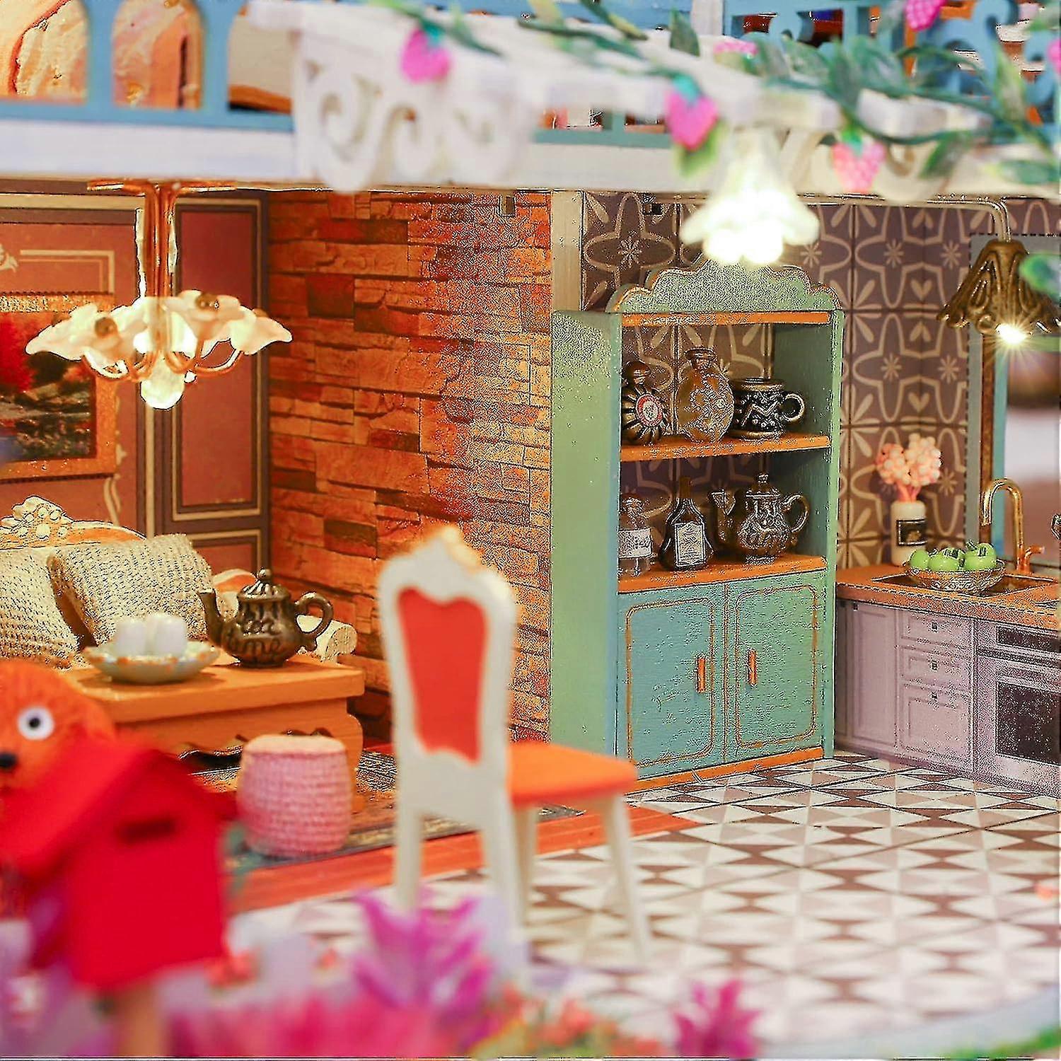 CUTEROOM DIY houten poppenhuis kit, poppenhuis miniatuur met meubels en LED-licht handgemaakte ambachten miniatuur poppen huis kit voor tieners volwassen cadeau (Happy House
