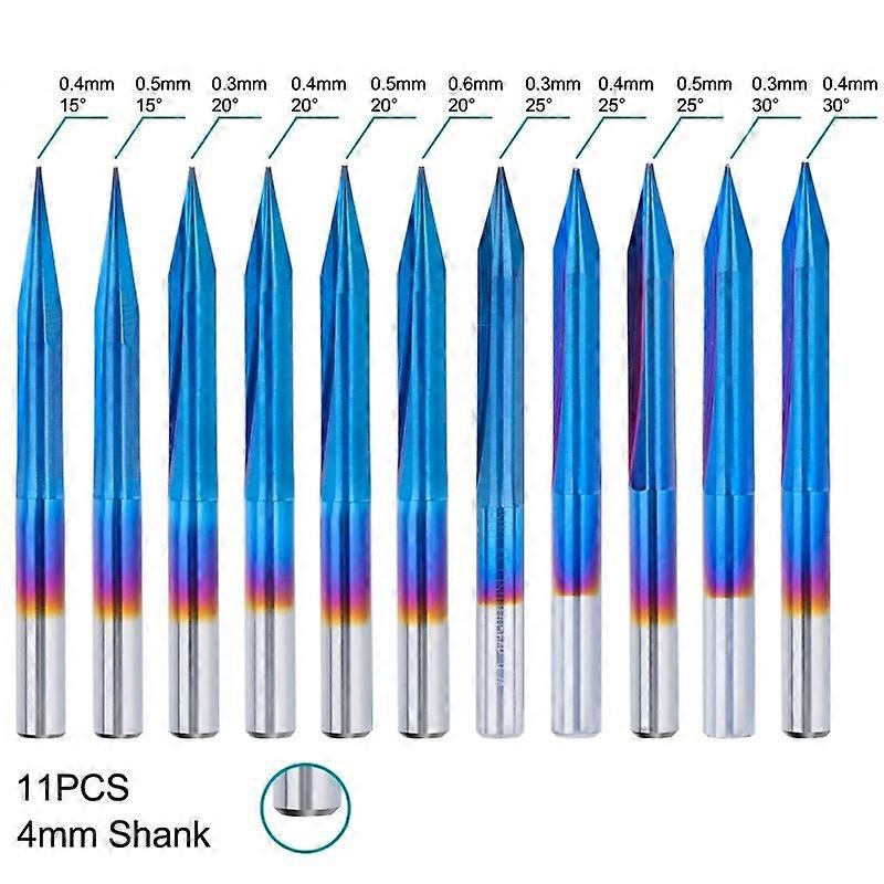 XCAN CNC Engraving Bit 11pcs 4mm Shank 2 Flute Router Bit Carbide End Mill 3D V Bit for Wood Carving