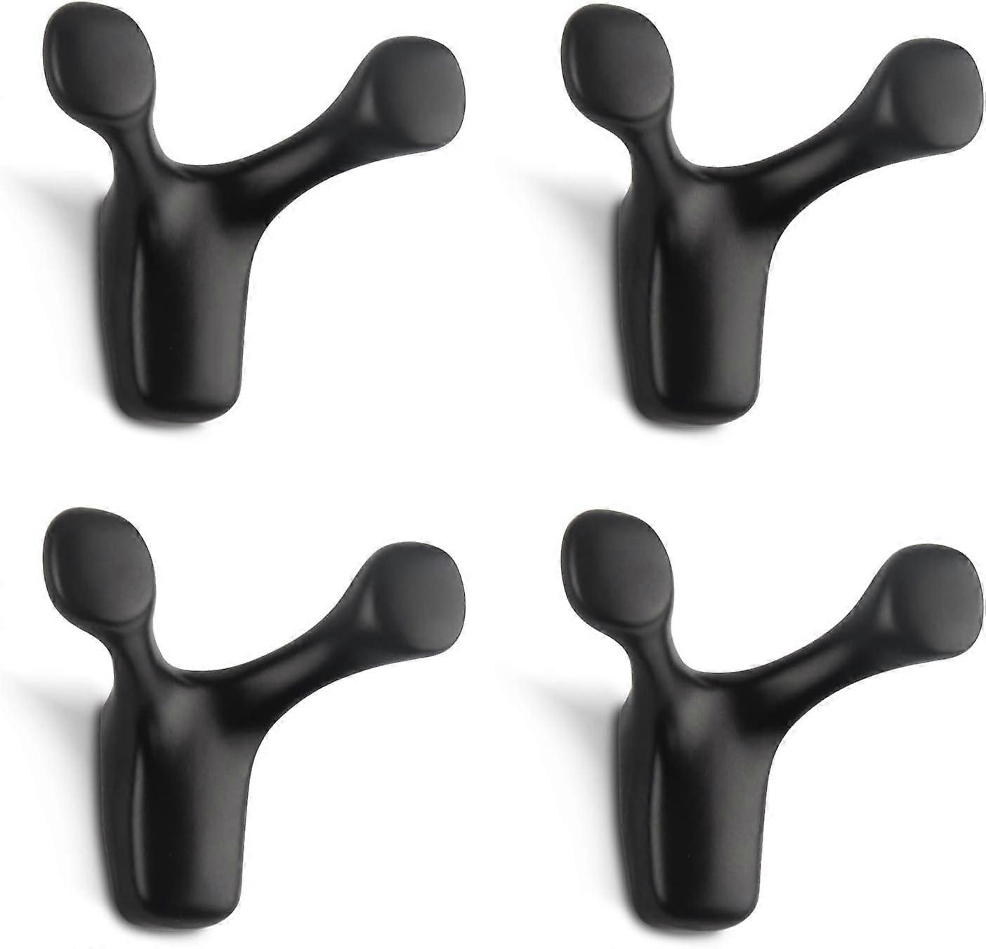 Pack of 4 Double Wall Hooks, Sturdy Antler Wall Hooks, Solid Zinc Alloy Coat Hooks, Custom Fit (Matte Black)