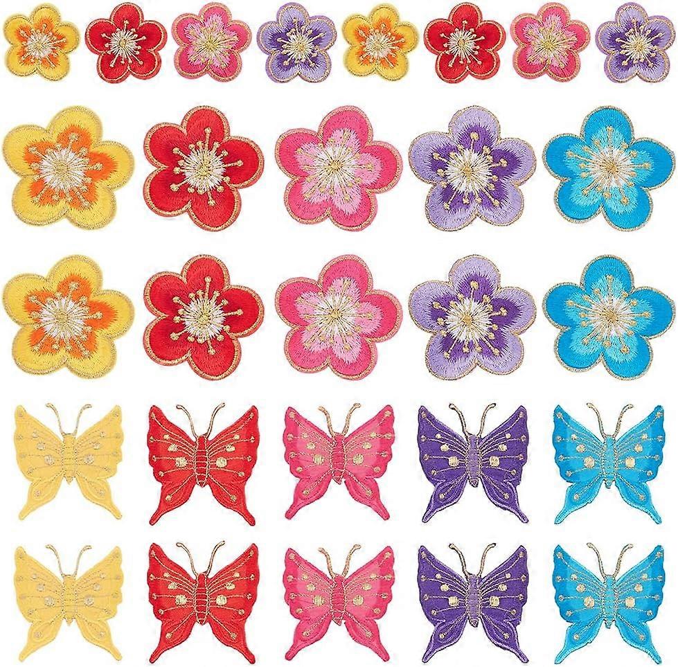 28Pcs 14 Style Plum Blossom & Butterfly Pattern Computerized Embroidered Cloth Patch Adhesive/Sew on Patches Costume Accessories Mixed Color 48~80x48~