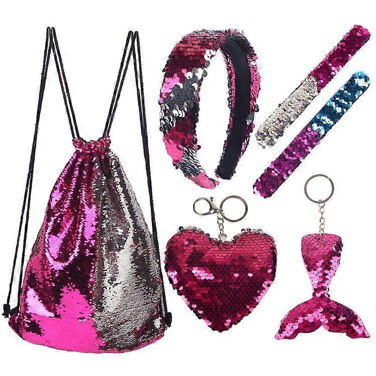 Mermaid Reversible Sequin Drawstring Backpack, Headband Keychain Bracelet for Kids