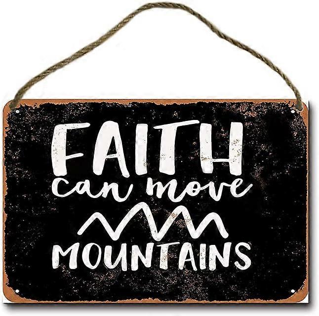 信仰は山を動かすことができます1(黒の背景)レトロな吊り下げ木製看板8 "x12"