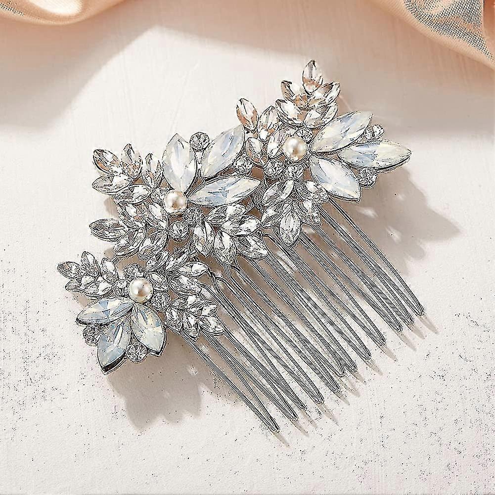 オパールクリスタルヘアコームブライダルヘアピースヴィンテージブライダルヘアクリップ結婚式のヘアアクセサリー花嫁と花嫁介添人(シルバー)