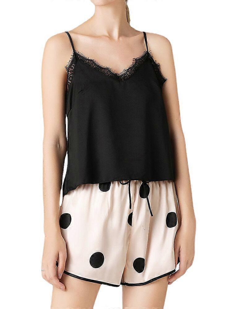 Women's Black Lace V-neck Pajama Set - Sleeveless Vest & Polka Dot Shorts