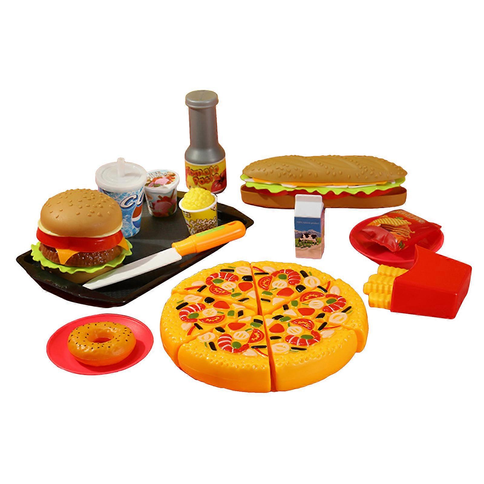 Fast Food Cooking Pretend Playing Set for Kids & Toddlers with Hamburger, Fries, Pizza, Tableware and Tray Safe Material