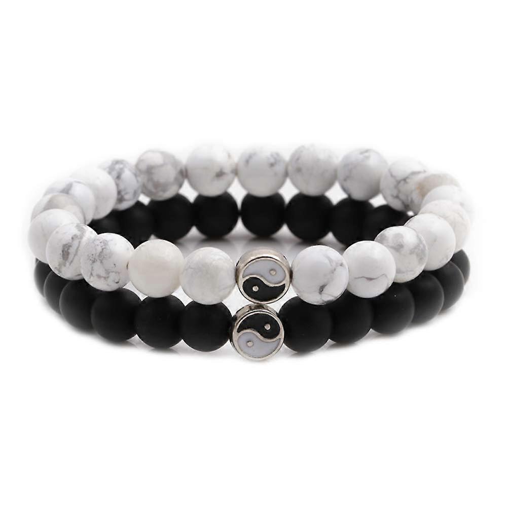 Natural White Turquoise and Black Beaded Friendship Bracelets for Couples - Distanced Relationship Jewelry Set
