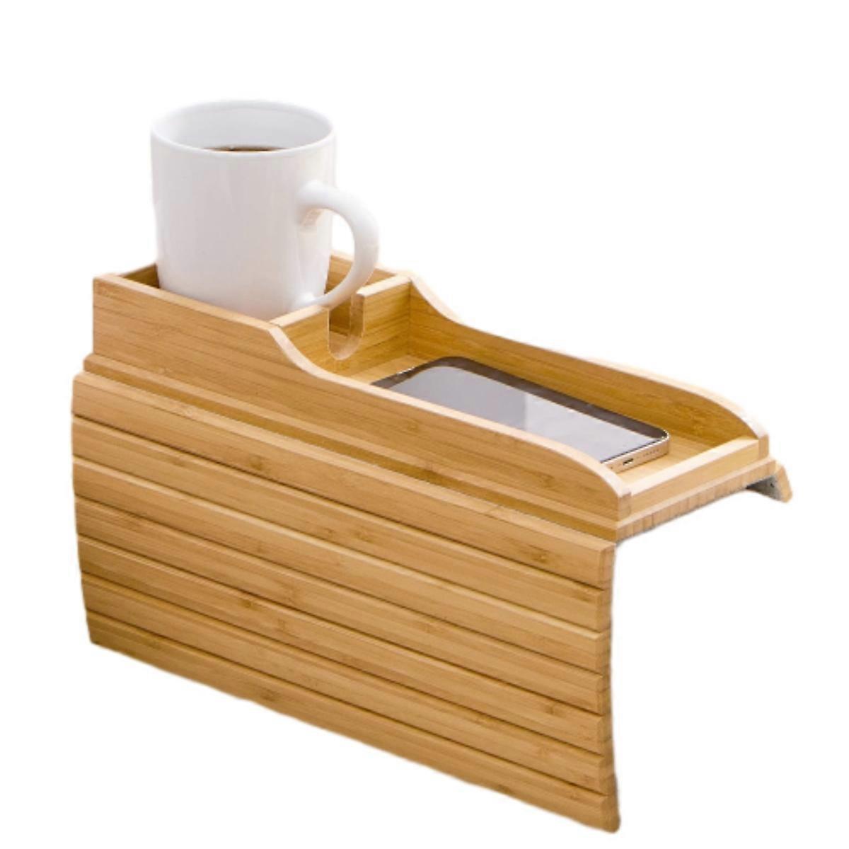 Bamboo Sofa Armrest Tray - Foldable & Portable Couch Cup Holder, Anti-Slip Armrest Tray for Snacks, Drinks, Phone, Remote & Mugs