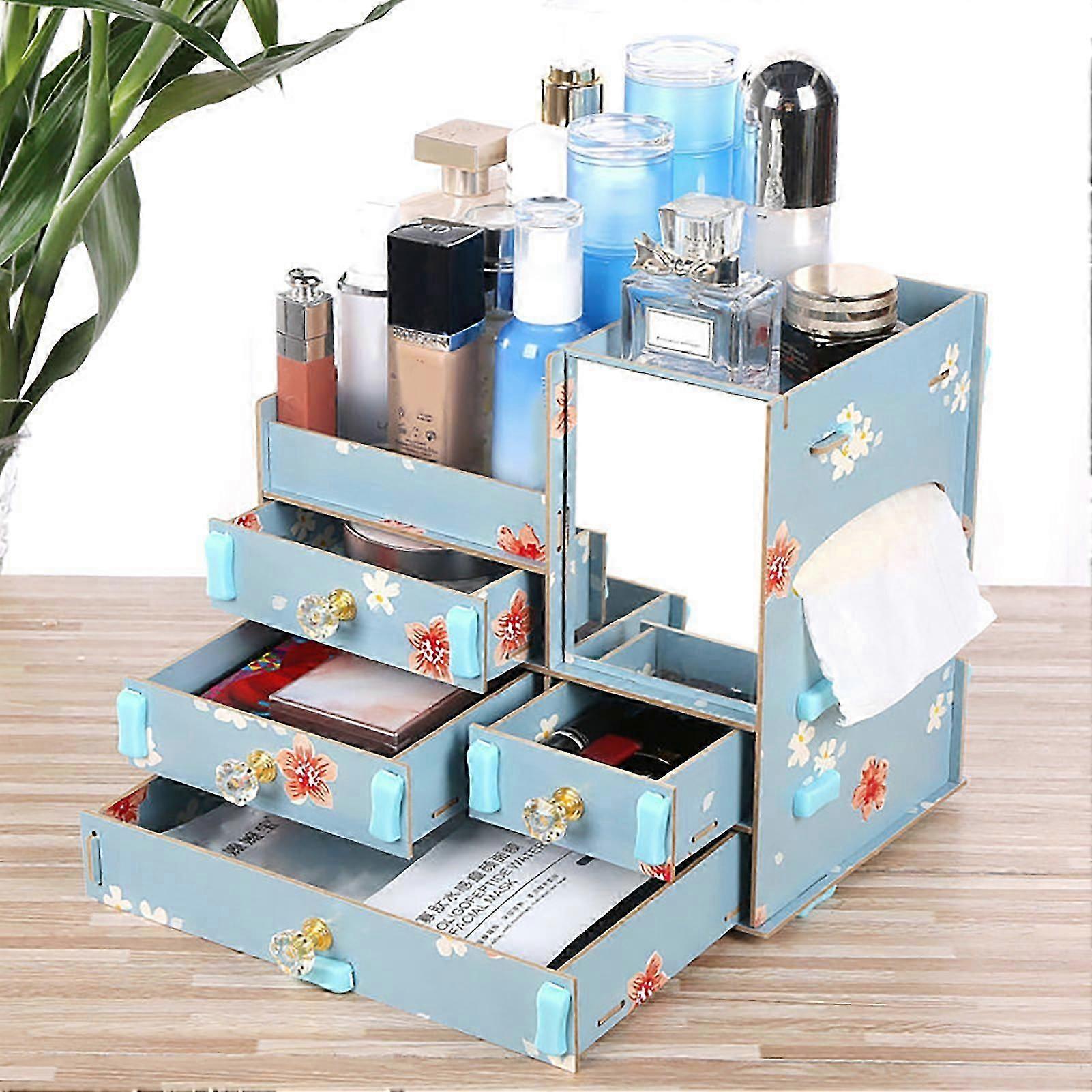 Makeup Storage Box Four Draw Design Large Capacity Beautiful Cosmetic Storage Case Display for Dressing Table DesktopBlue Flower
