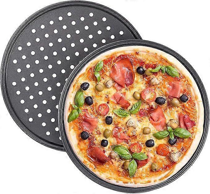 Set of 2 round perforated non-stick carbon steel pizza pans Grey 32 cm