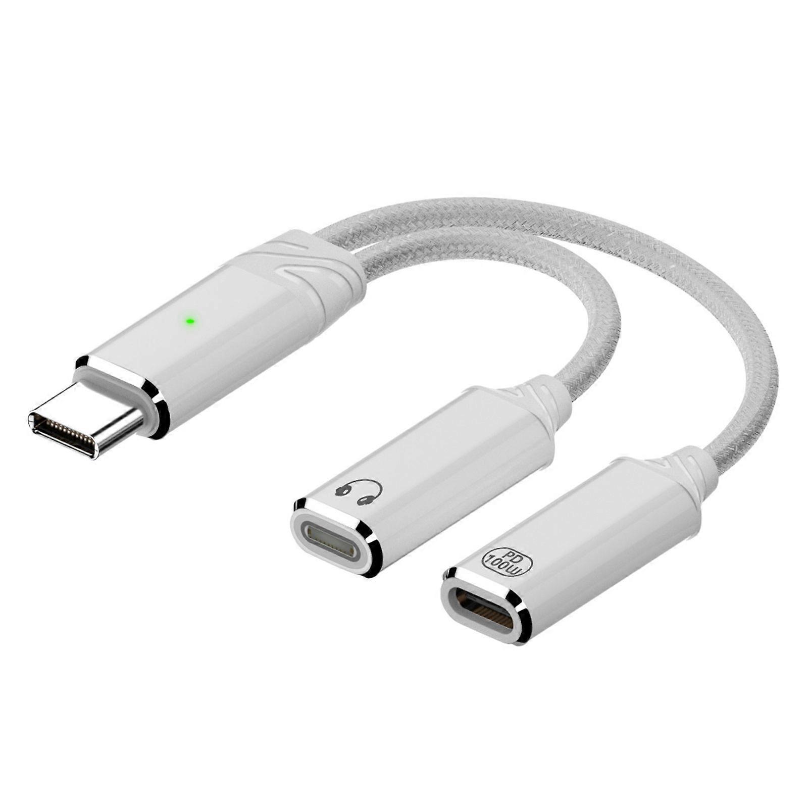 Type C To Type C Headphone Adapter 2 in 1 100W Type C Adapter USB C Sound Adapter Cable For Mobile Phone Tablet  White