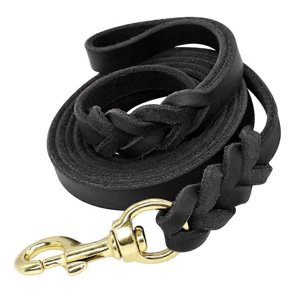 Black Leather Dog Leash 4 Ft Braided Training Leash 1/2 Inch Wide Military Grade for Walking and Obedience