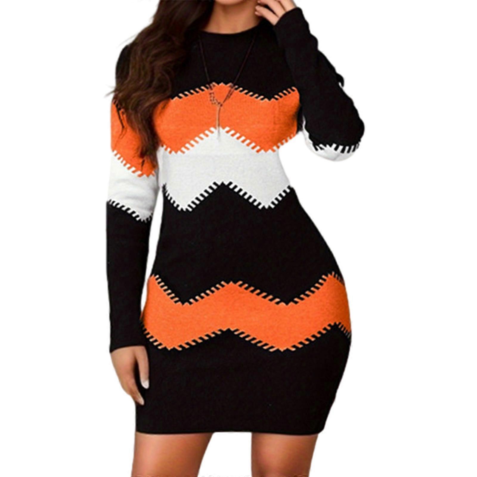 Womens Casual Knitted Long Sleeve Bodycon Midi Sweater Dress Colorblock Striped Winter Fall Pullover Knitwear Dresses  orange XL