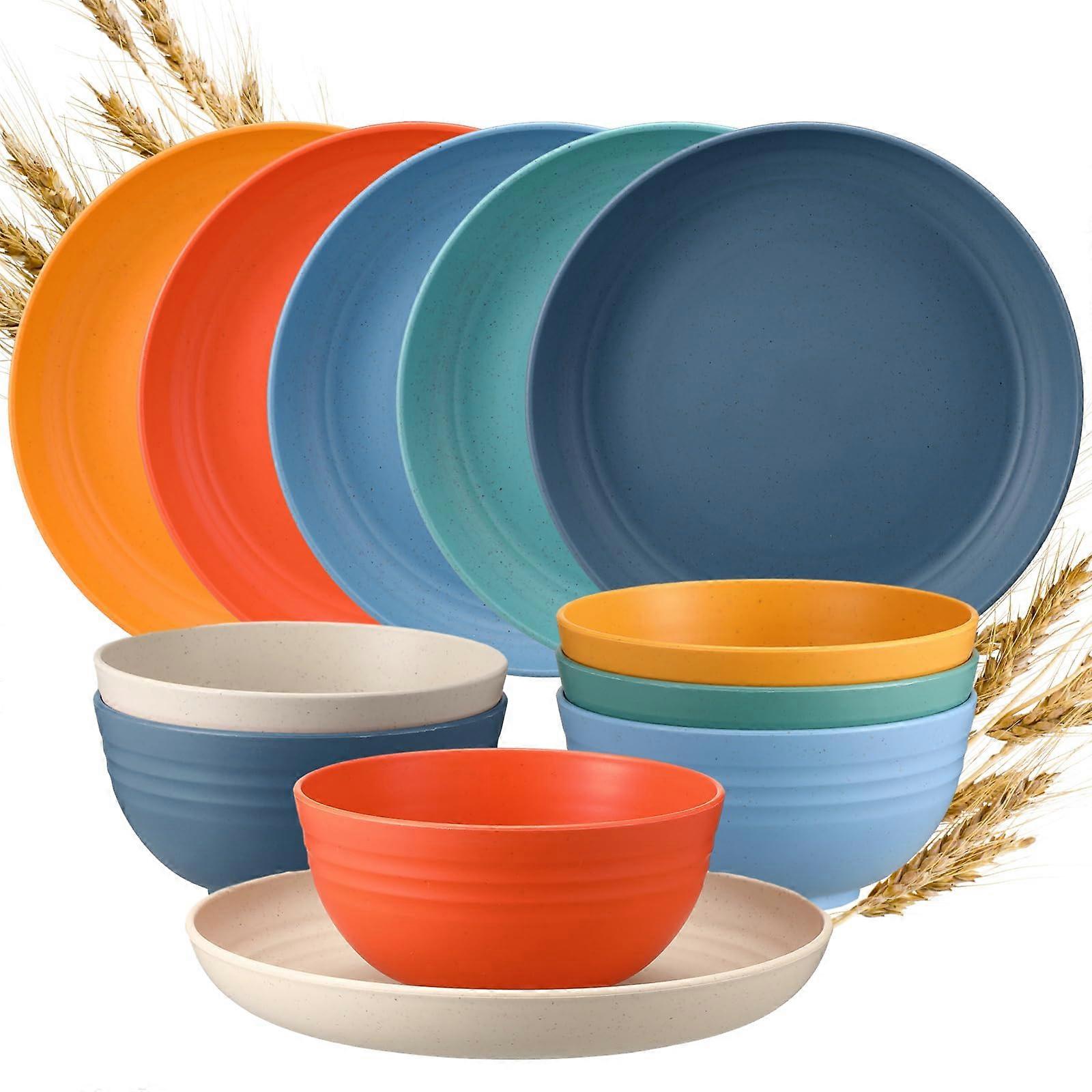 Wheat Straw Dinnerware Set 12 Pcs, 6 x 9 Inch Plates & 6 x 28 oz Unbreakable Bowls, Lightweight Reusable, Dishwasher & Microwave Safe, 6 Colors