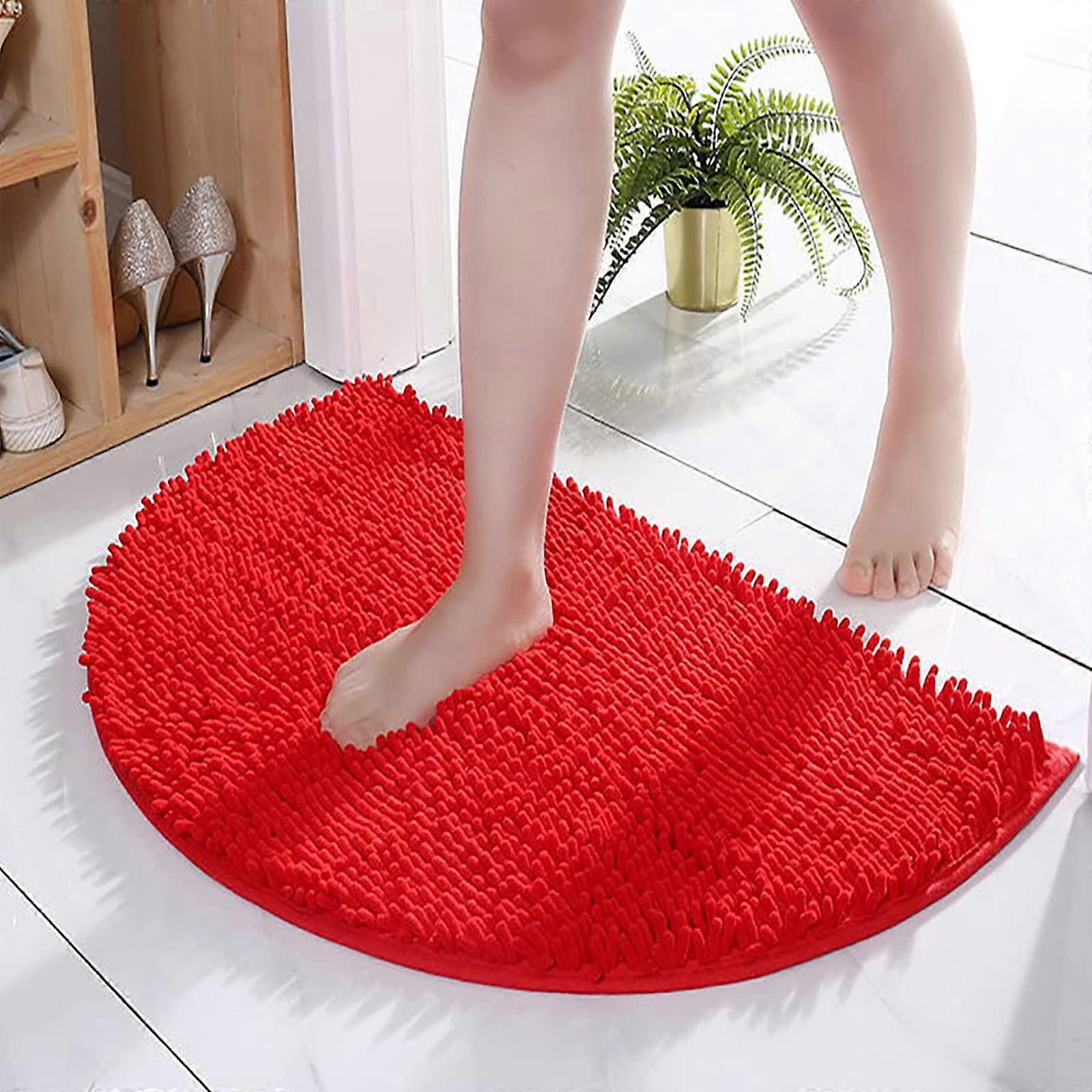 Half Circle Bath Mat 31.5" x 20" Non-Slip Super Soft Chenille Shag Rug in Bright Red for Bathroom Floor and Shower
