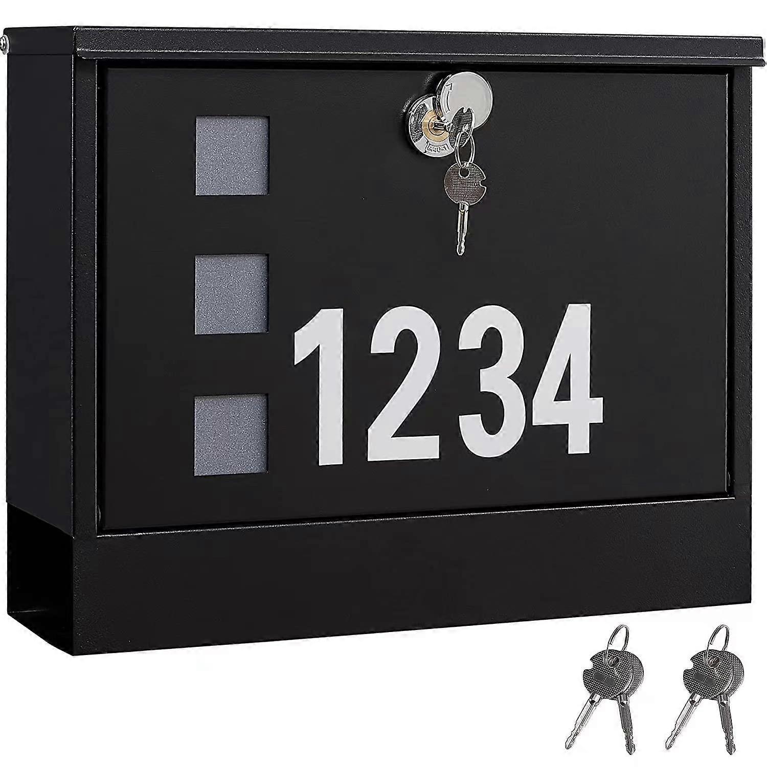 Locking Mailbox Wall Mounted Metal Postbox AMB11B, Black, 14.4" x 4.5" x 11.2", Includes Number Stickers and Keys