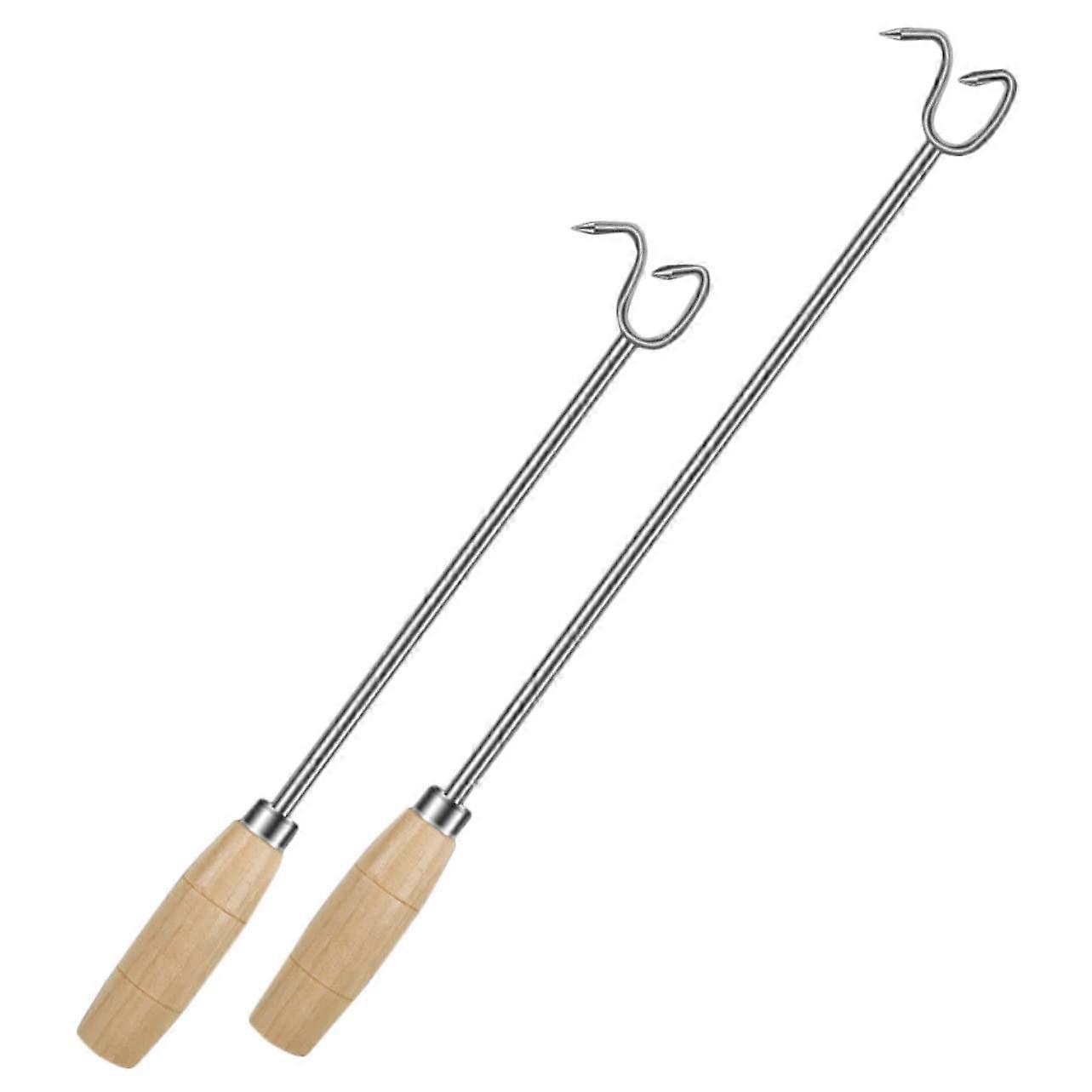 BBQ Roasting Hooks 2-Piece Robust Meat Holders For Grill And Camping Wooden Handle Suitable For Pork And Chicken