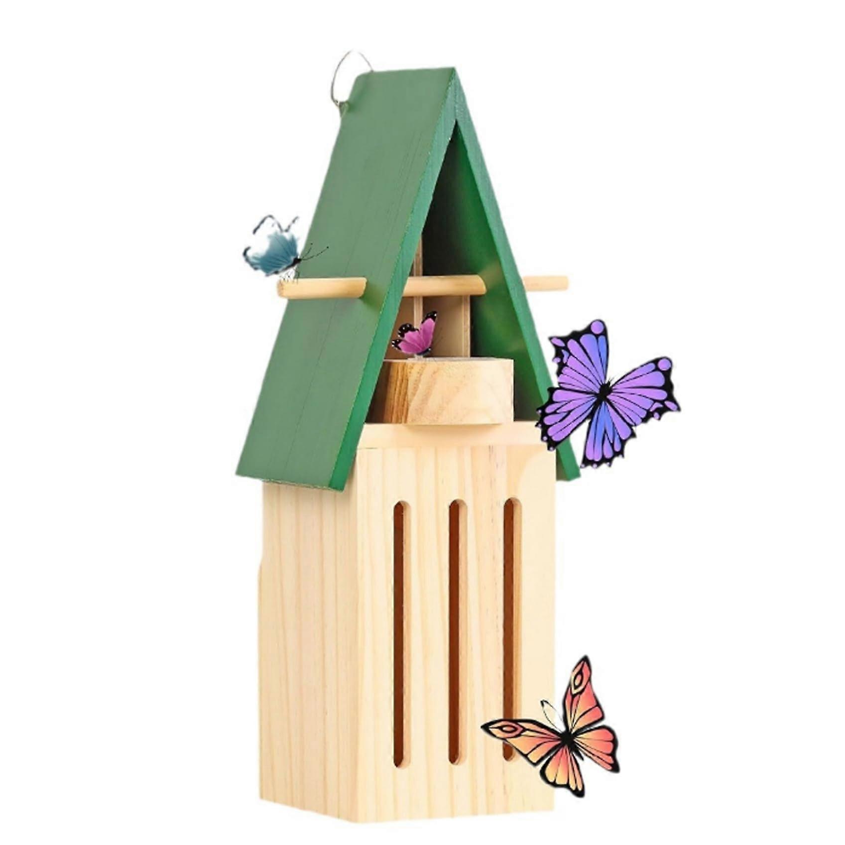 木制花园蝴蝶屋 30x8.9 厘米食物和饮水机可拆卸门防雨防风易于清洁