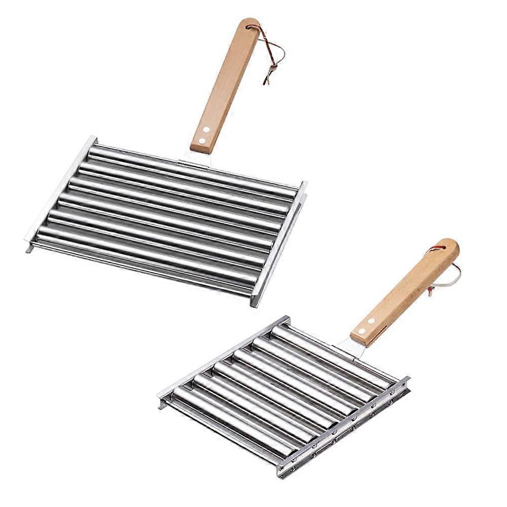 Hot Dog Grillroller with Extra Long Wooden Handle, Outdoor Camping Hot Dog Holder for BBQ and Tailgating