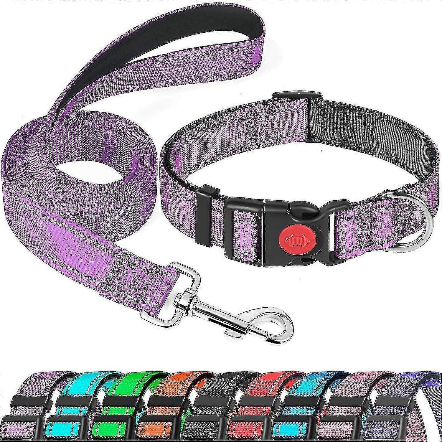 Ensemble de collier et de laisse réfléchissants pour chien avec rembourrage en néoprène doux pour petits à grands chiens, violet