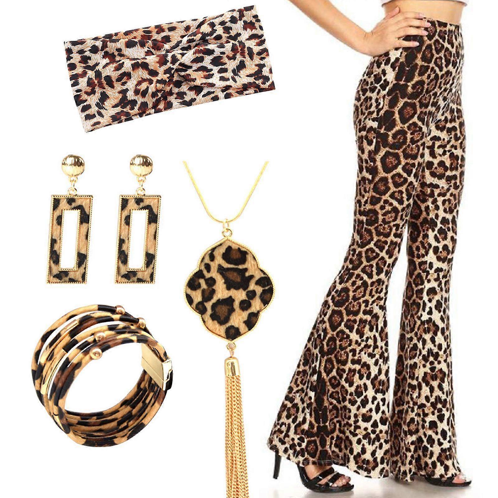 70S Γυναίκες Hippie κοστούμι Set Leopard Bell Bottom