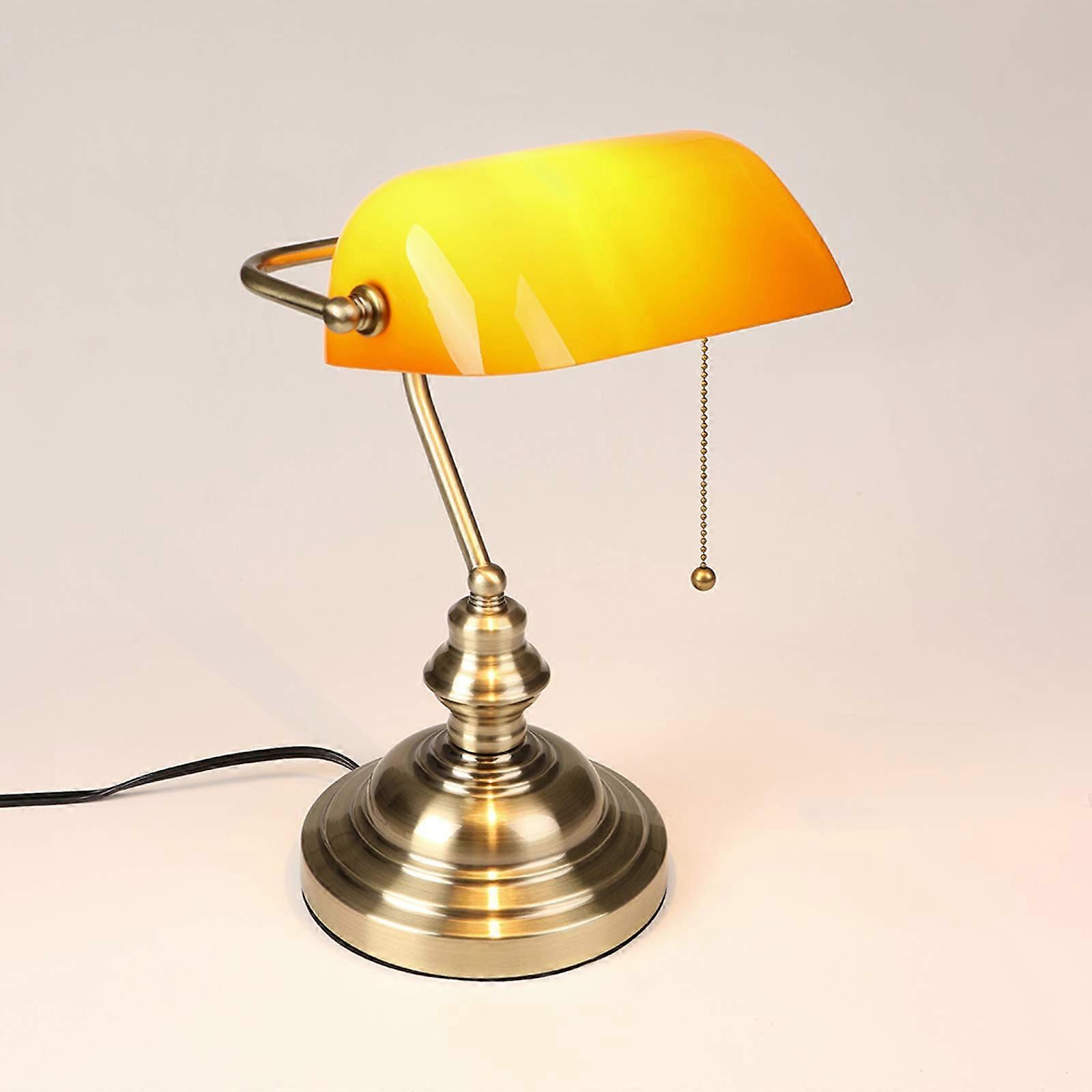 Orange Banker Lamp Vintage Glass Desk Lamp With Pull Switch Polished Brass Base E27 Socket Adjustable Glass Shade