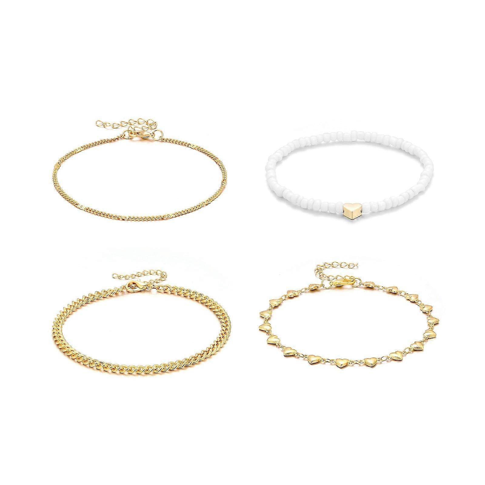 Multilayered anklet, retro beach metal chain, heartshaped rice bead anklet set with 4 amethyst necklaces (gold, one size).