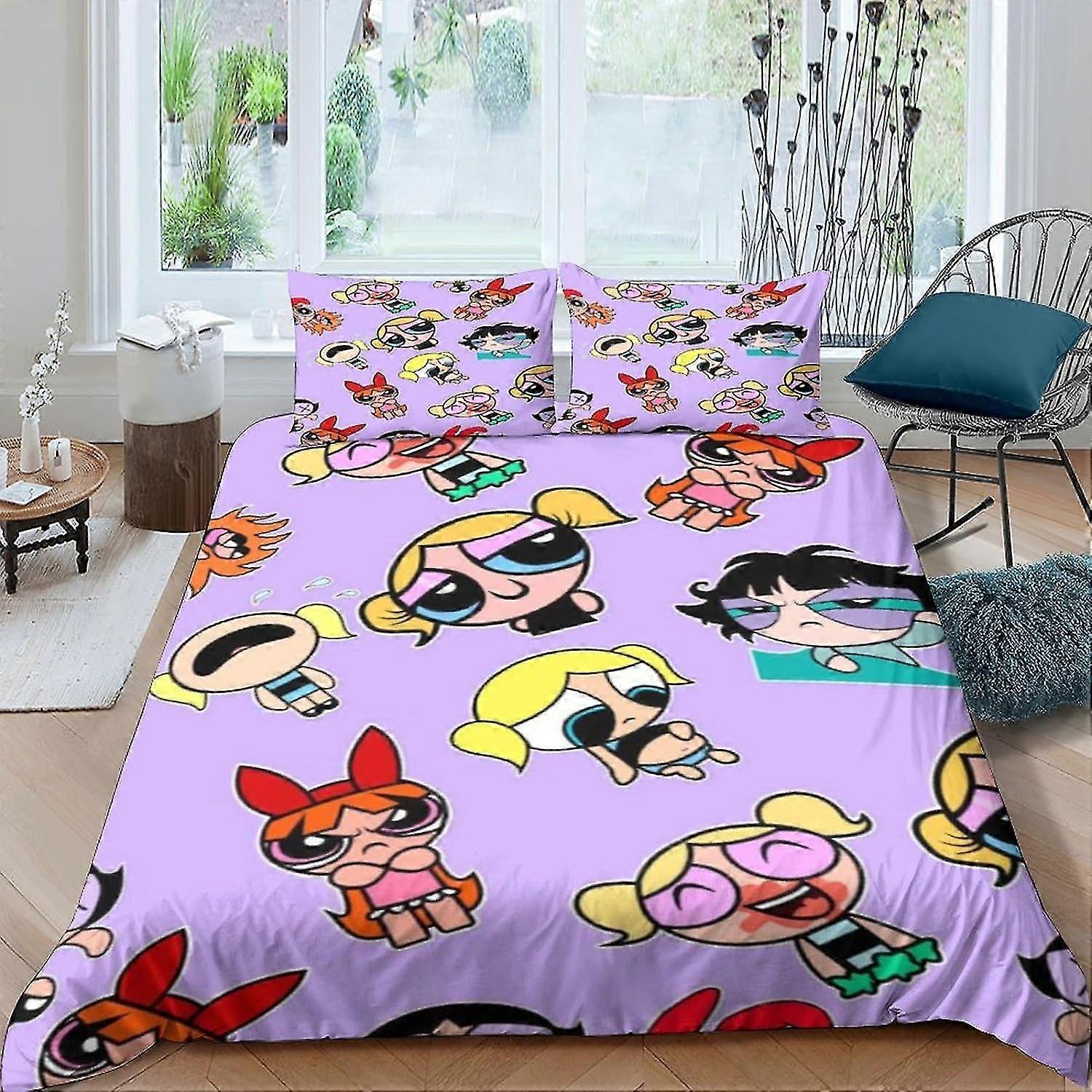 Conjunto de Capa de Edredom com Impressão 3D Inspirada em Meninas Power-puff, 3 Pcs Capa de Colcha de Super-herói com Fecho de Zíper Microfibra Macia Dupla
