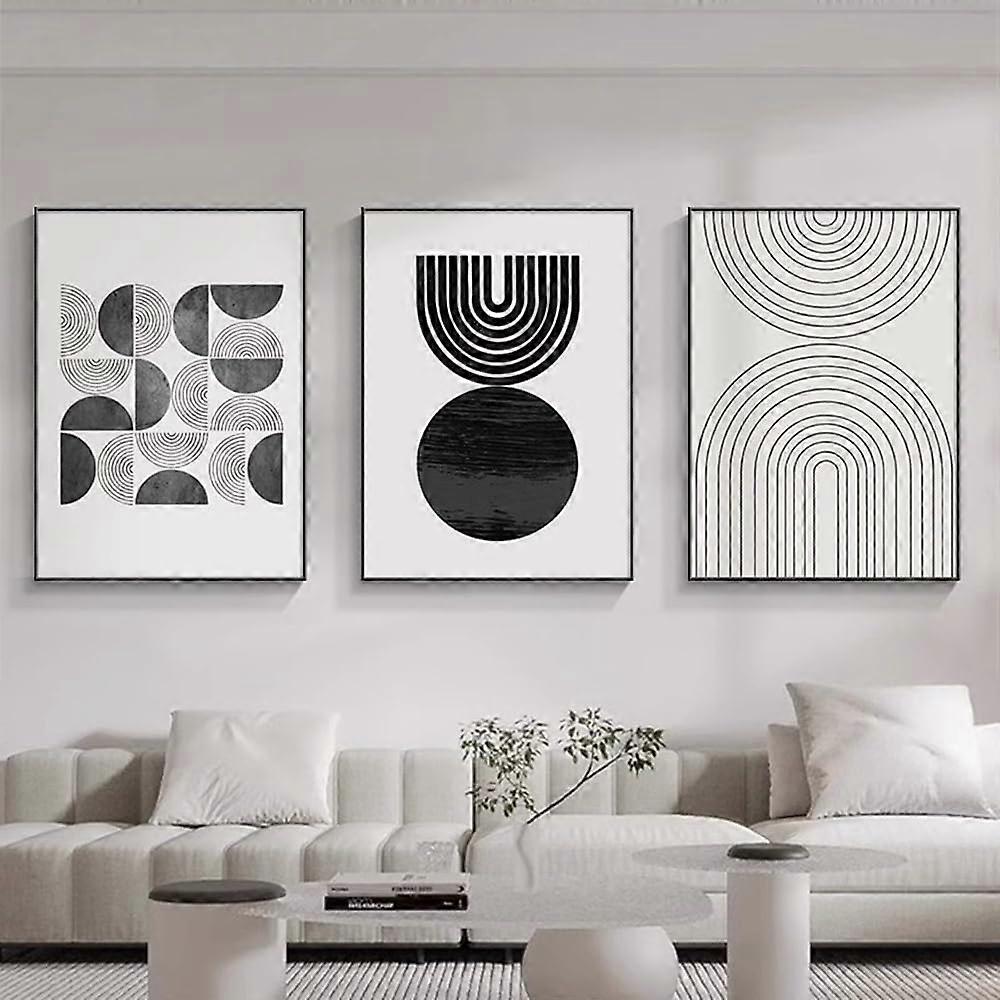 Abstract Canvas Poster Set of 3 Black White Grey Geometric Line Pictures