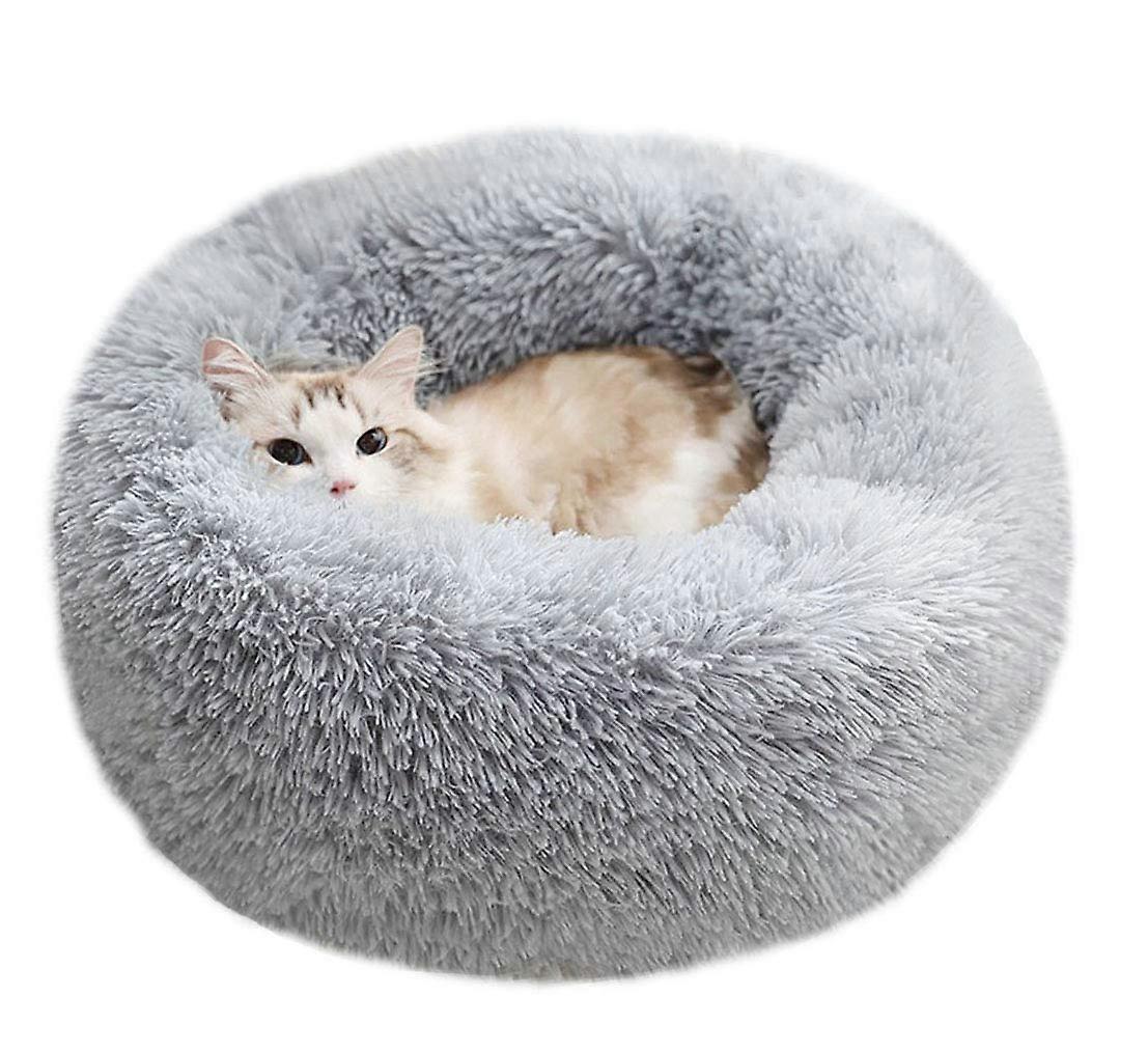 Modern Soft Plush Round Pet Bed For Cats Or Small Dogs, SelfWarming Indoor Cat Dog Bed, 20Inch Diameter, Light Grey