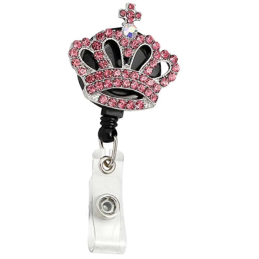 Portable ID Card Holder with Rotating Clip – Convenient Name Tag Reel for Office, Staff, Students – Pink Crown Design