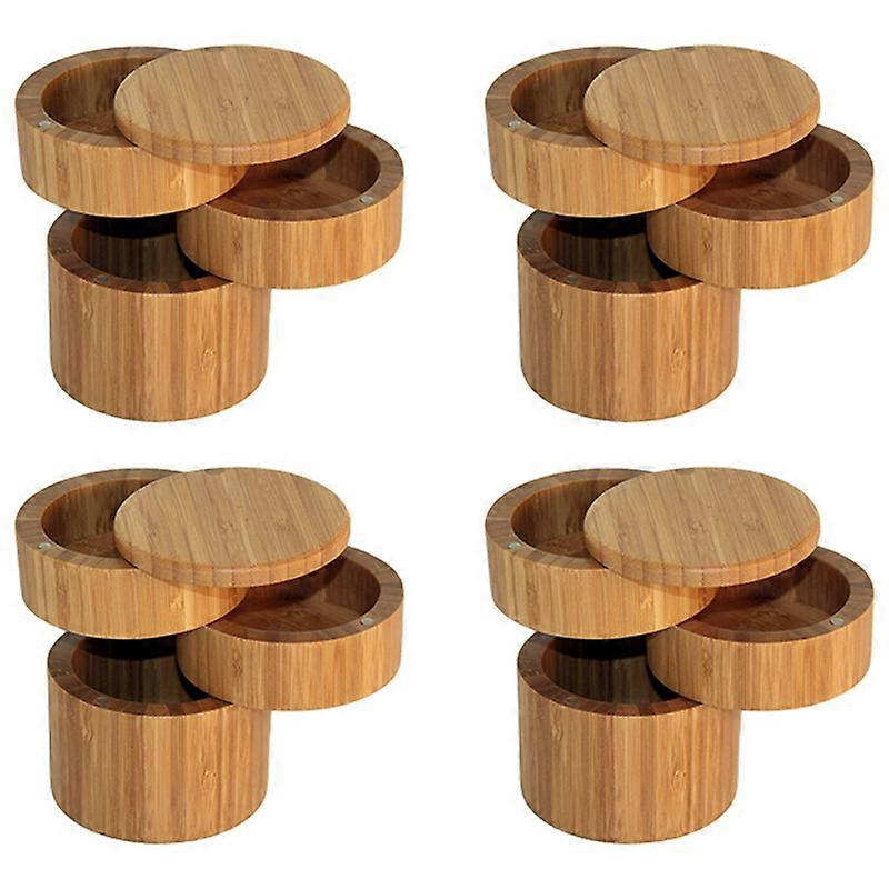 4X Bamboo Triple Salt Box,Wood Box,3-Tier Round Bamboo Box for Salt or Spice with Magnetic Swivel Li
