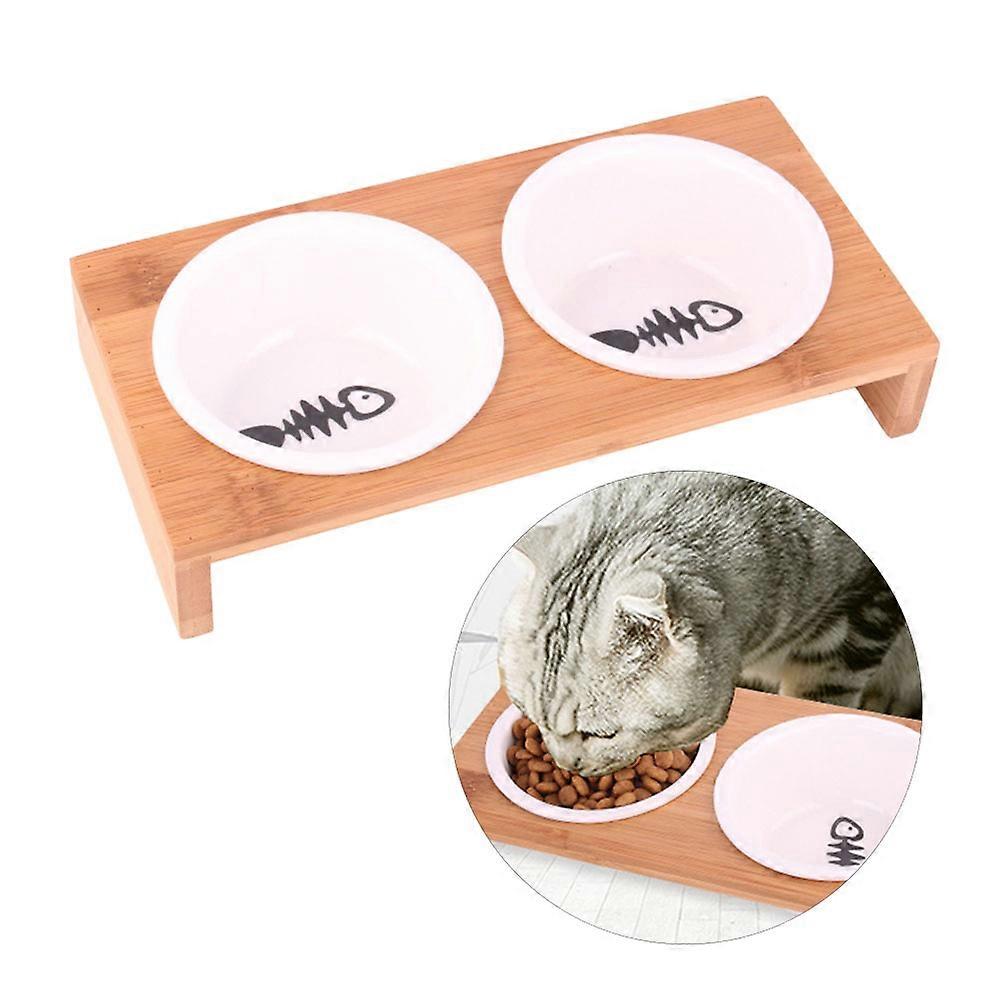 Bamboo Pet Dining Table with Ceramic Bowls for Cats and Dogs 2 Bowls