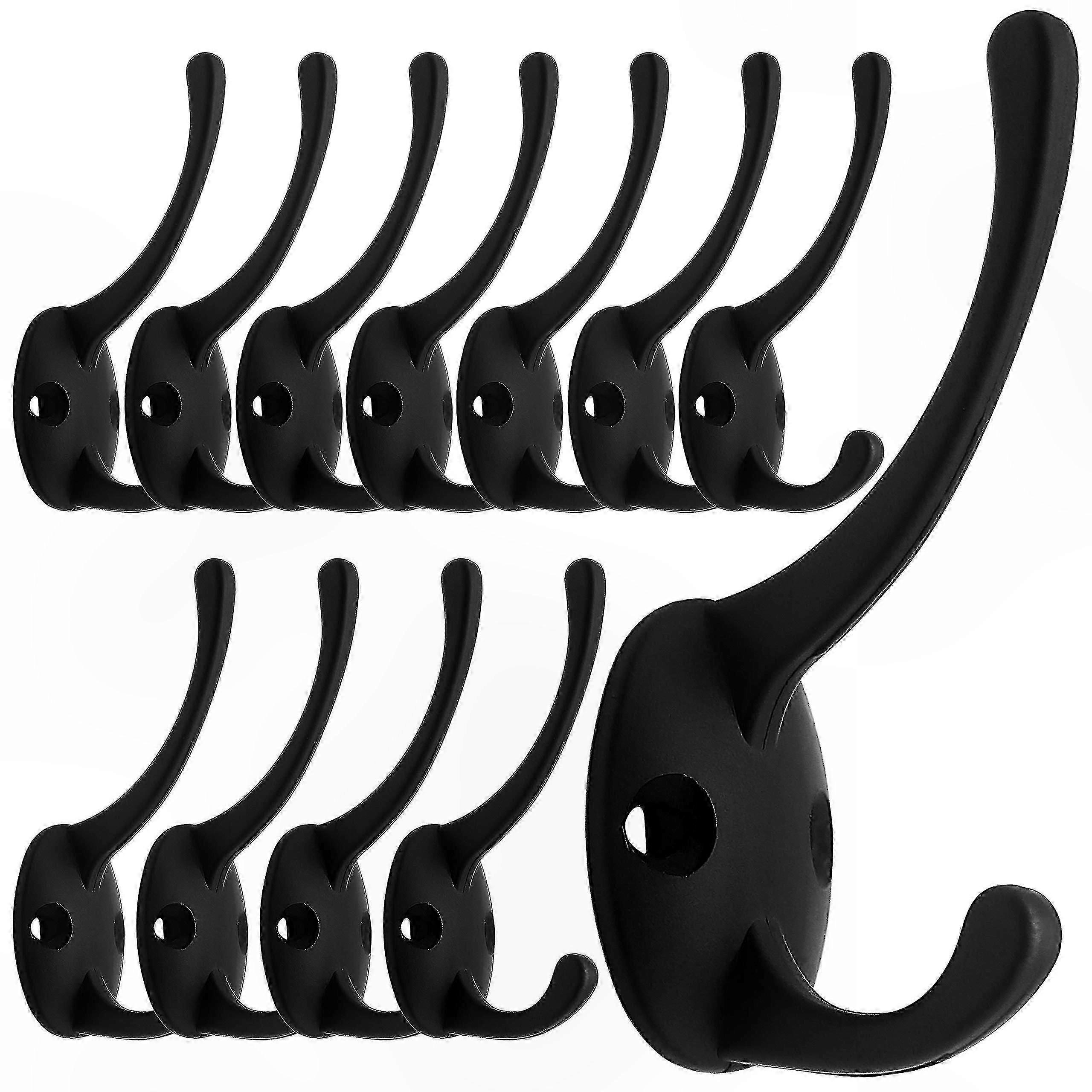 Black Wall-Mounted Double Hooks Set with Screws for Coat, Bag, Key, Hat Retro Style Pack of 12
