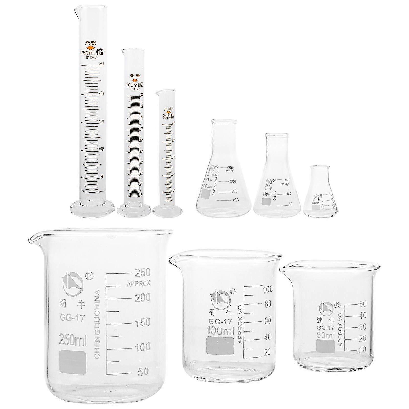 9Pcs Laboratory Supplies (glass Beaker Measuring Cylinder And Conical Bottle)