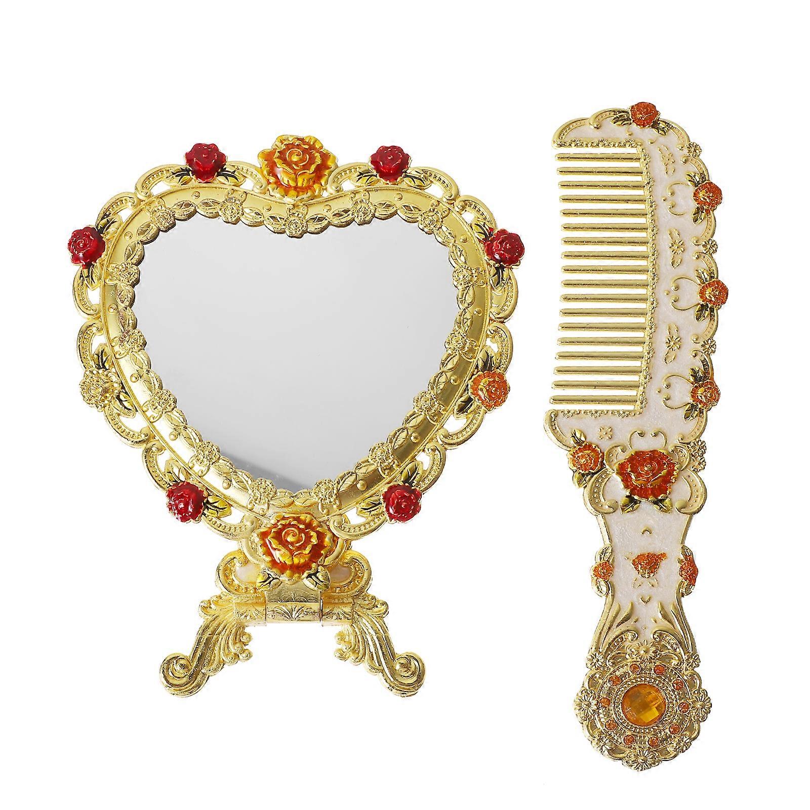 Portable Handheld Cosmestic Mirror And Comb For Everyday Use Designed In Golden Color And 22X12Cm Size 2Pcs