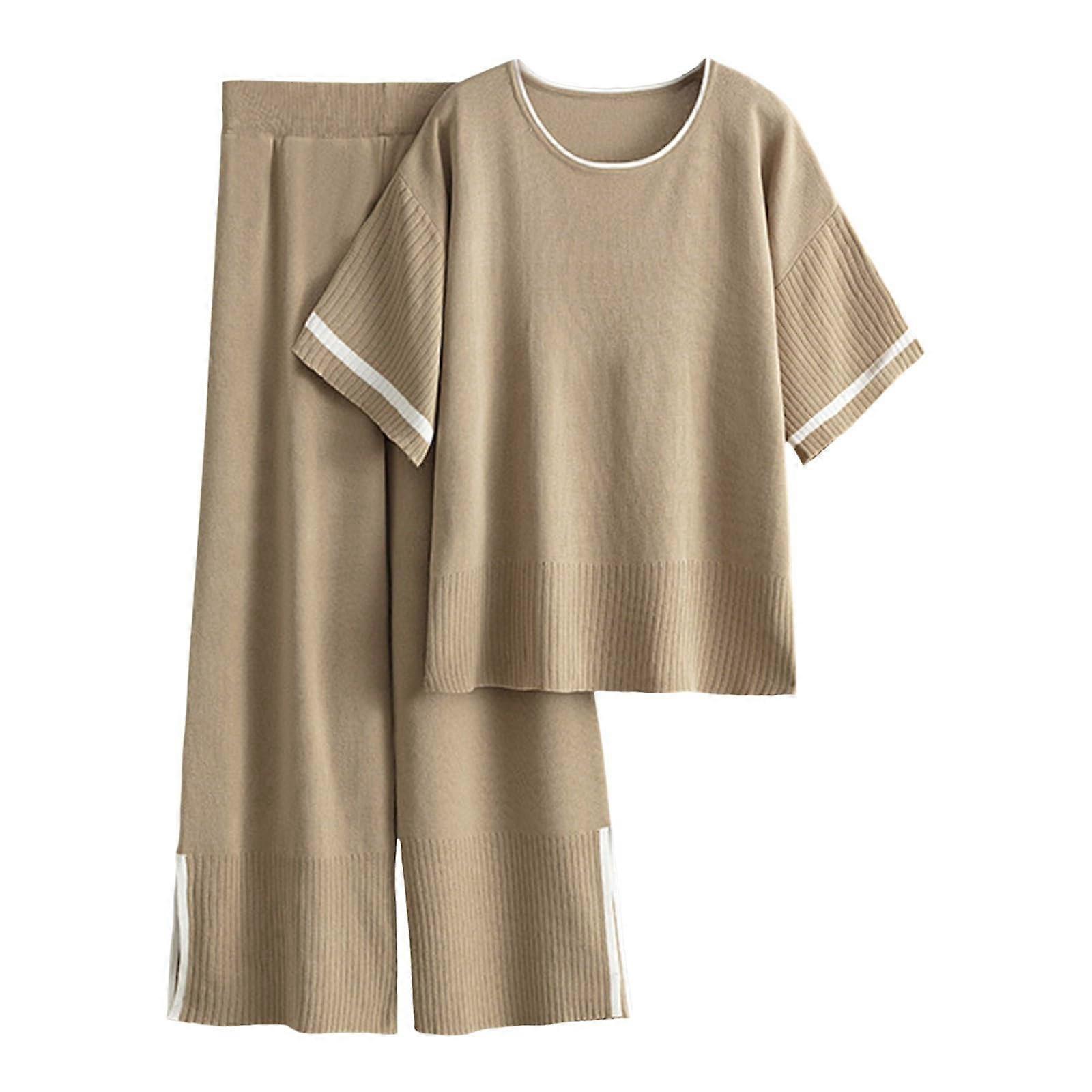 Women's Linen Tracksuit Summer Short Sleeve 2Piece and Pants Khaki