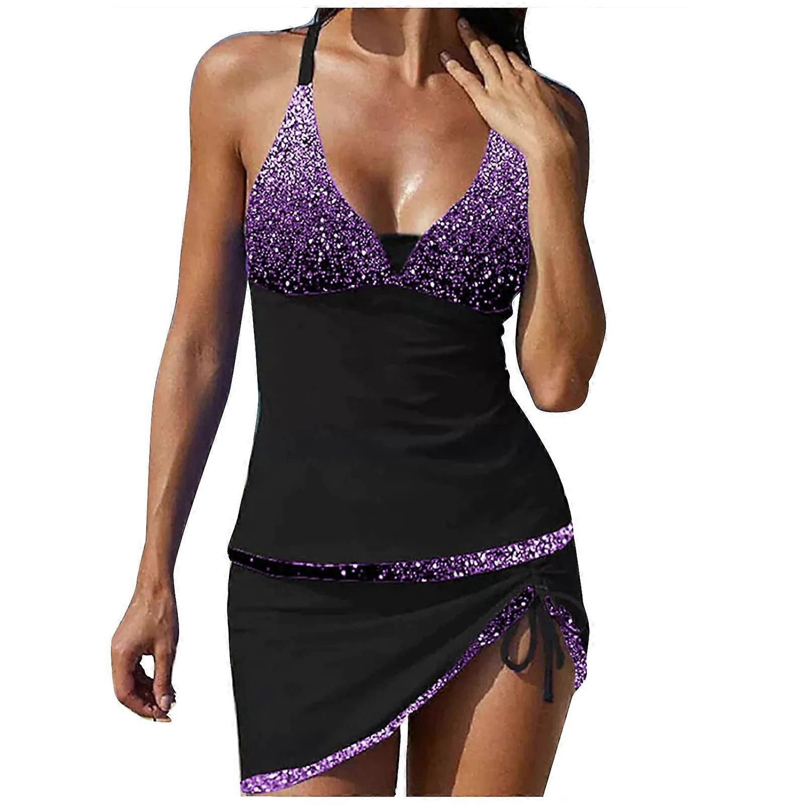Bikini Women's Push Up Two Piece Tankini Set with Skirt Elegant Color Block Swimwear Tummy Control O Lila M
