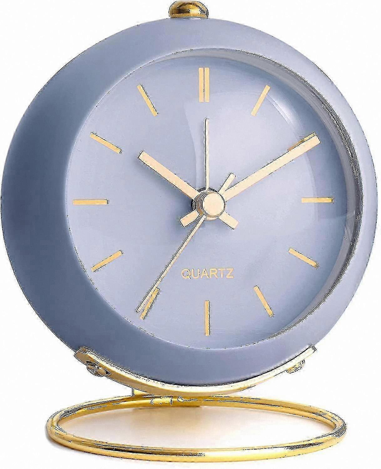 Blue Retro Analog Alarm Clock with Light, Silent Battery Operated Desk Clock for Bedroom or Nightstand
