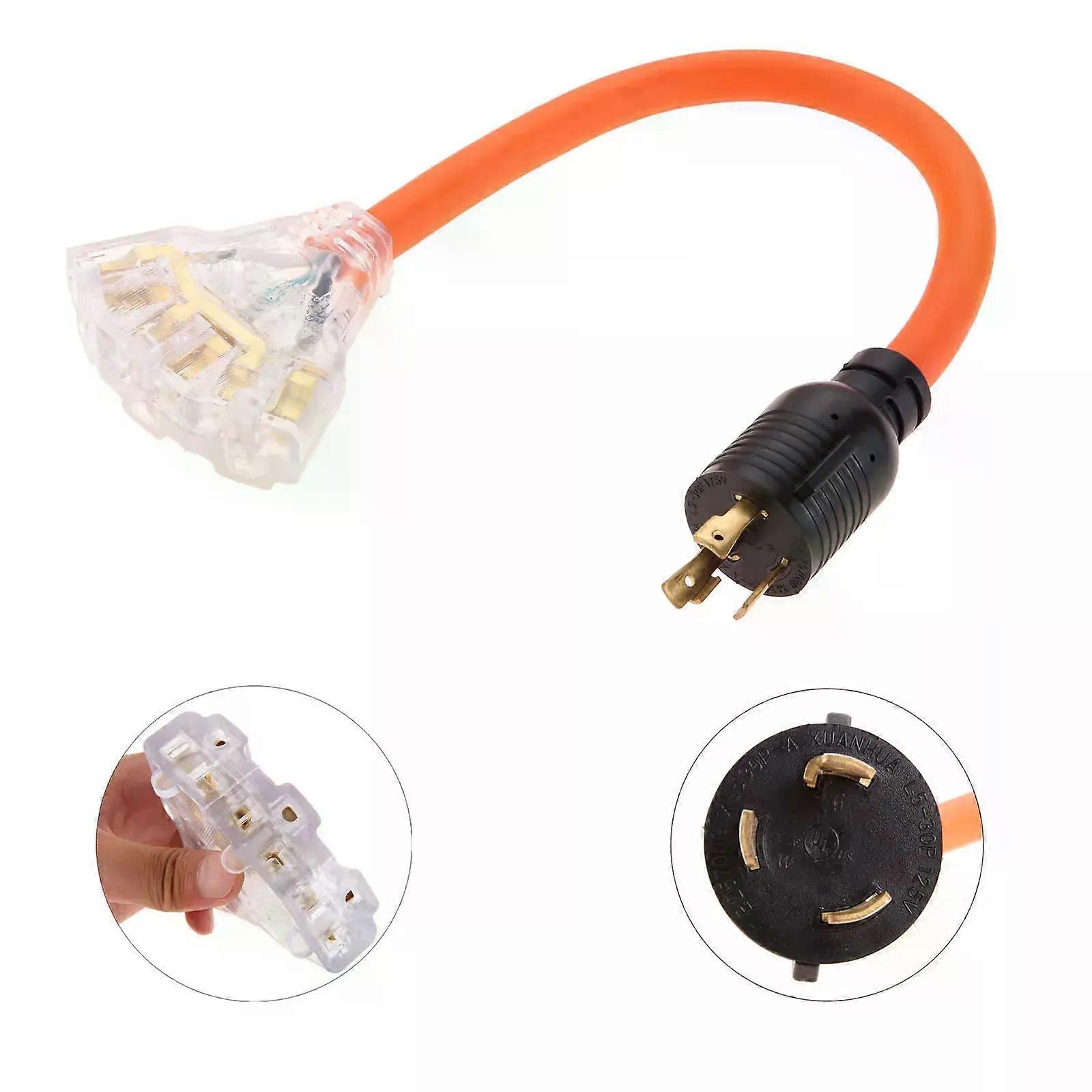 3 Prong 30 Amp To 15 Amp Generator Adapter Power Cord NEMA L5-30P Locking Male Plug To 3x5-15/20R Female with Lighted End 15Ft