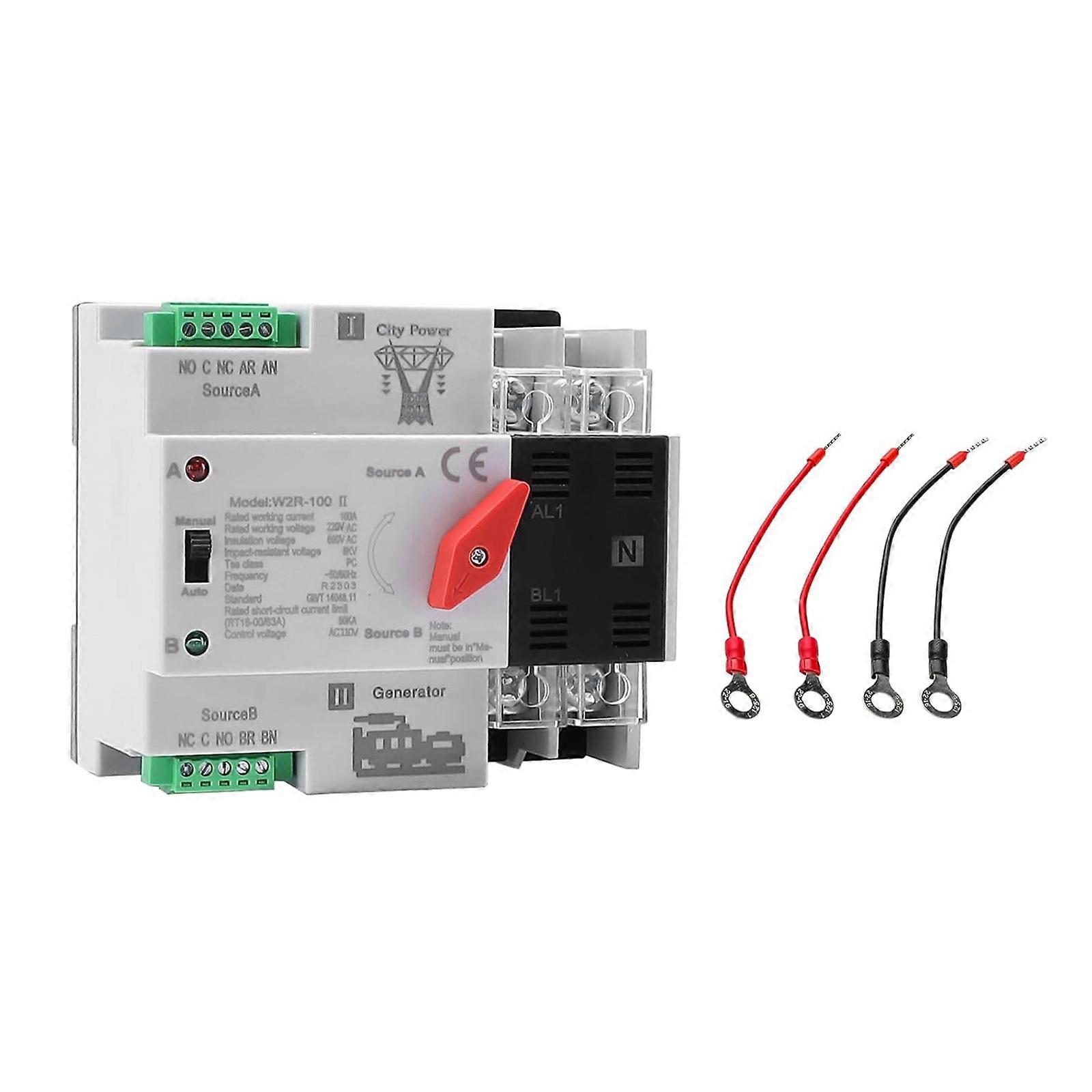 2P 100A Changeover Switches Din Rail ATS Double Power Automatic Transfer Switches Controller for Home Generator Multicolor