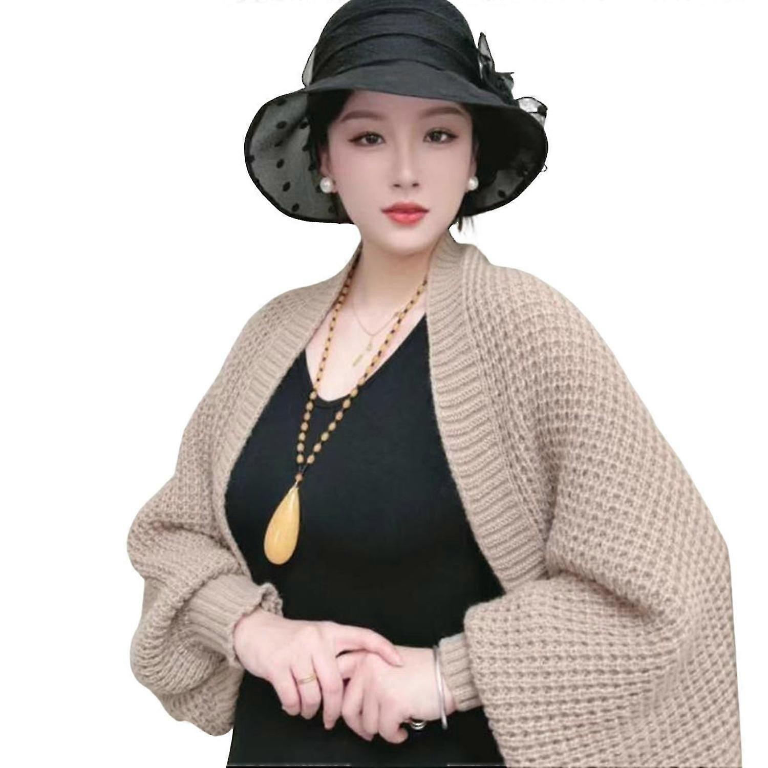 Autumn Winter Knitting Shawl Ribbed Trim Long Sleeve Open Front Shawl Wrap Solid Color Ribbed Trim