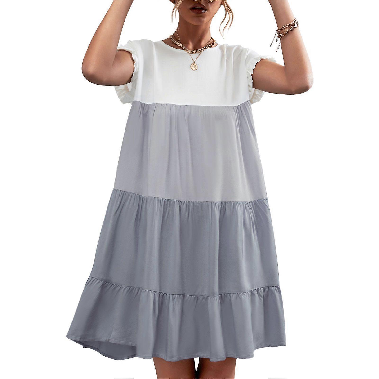 Contrast Color Splicing Dress Classic One Piece Dress with Ruffled Cuffs Machine Washable for Summer Gray XL