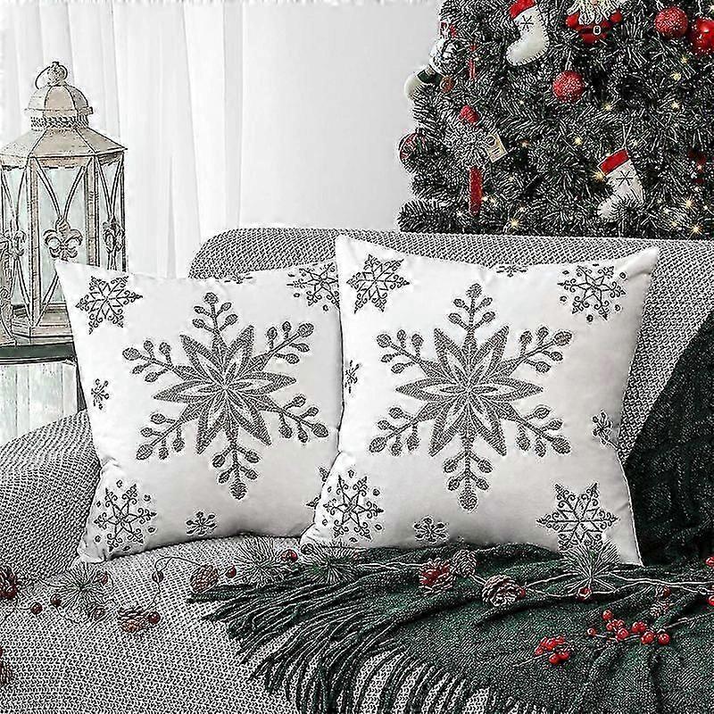 White Snowflake Pillow Covers 18x18 Christmas Throw Pillow Covers Set of 2 Soft Velvet Embroidery Cushion Cover Winter Holiday Decor for Bed Sofa Chai